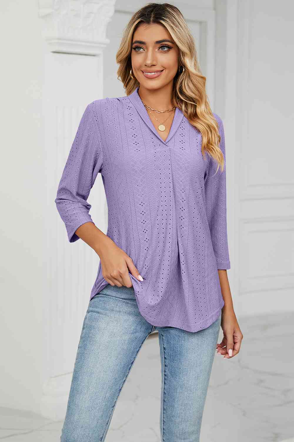 Eyelet Three-Quarter Sleeve Blouse - Ladyez