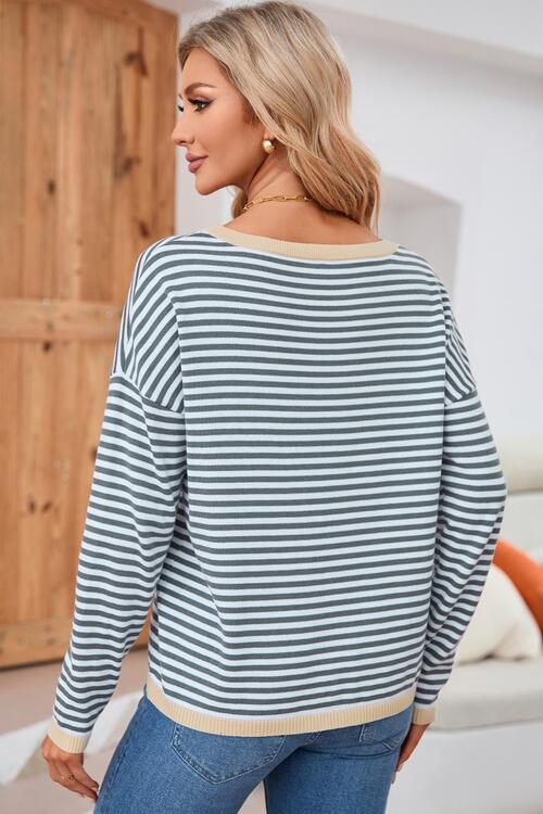 Striped Round Neck Drop Shoulder T-Shirt - Ladyez