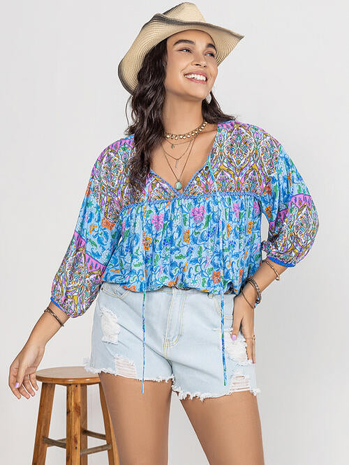 Plus Size Printed Tie Neck Balloon Sleeve Blouse - Ladyez