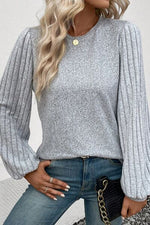 Ribbed Round Neck Long Sleeve Knit Top - Ladyez