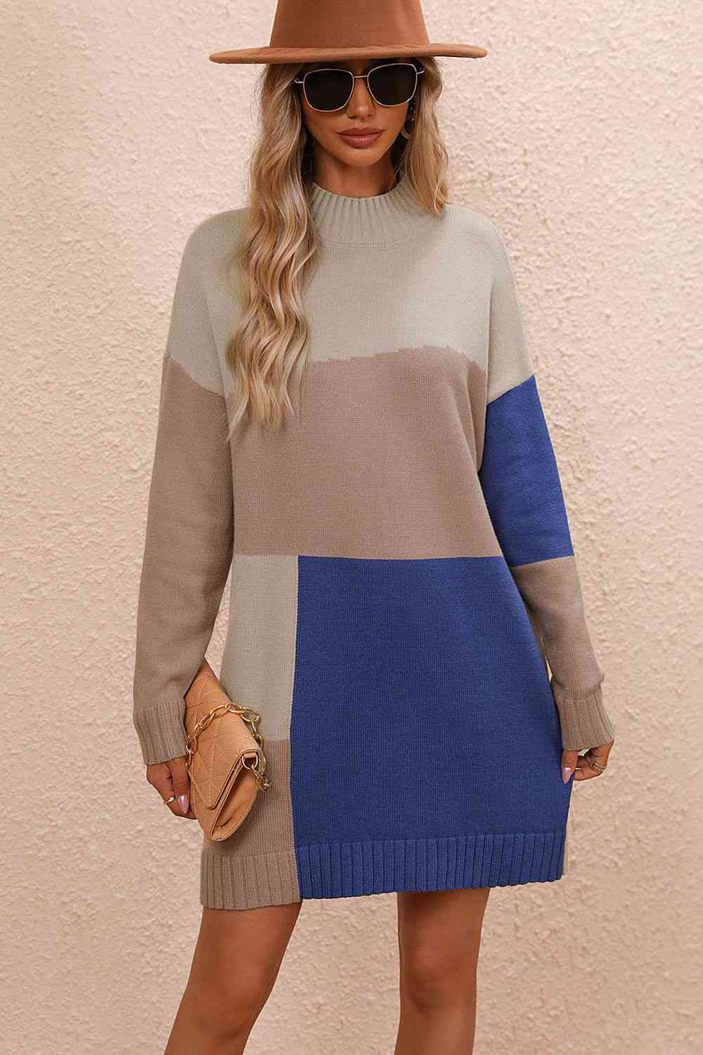 Color Block Mock Neck Dropped Shoulder Sweater Dress - Ladyez