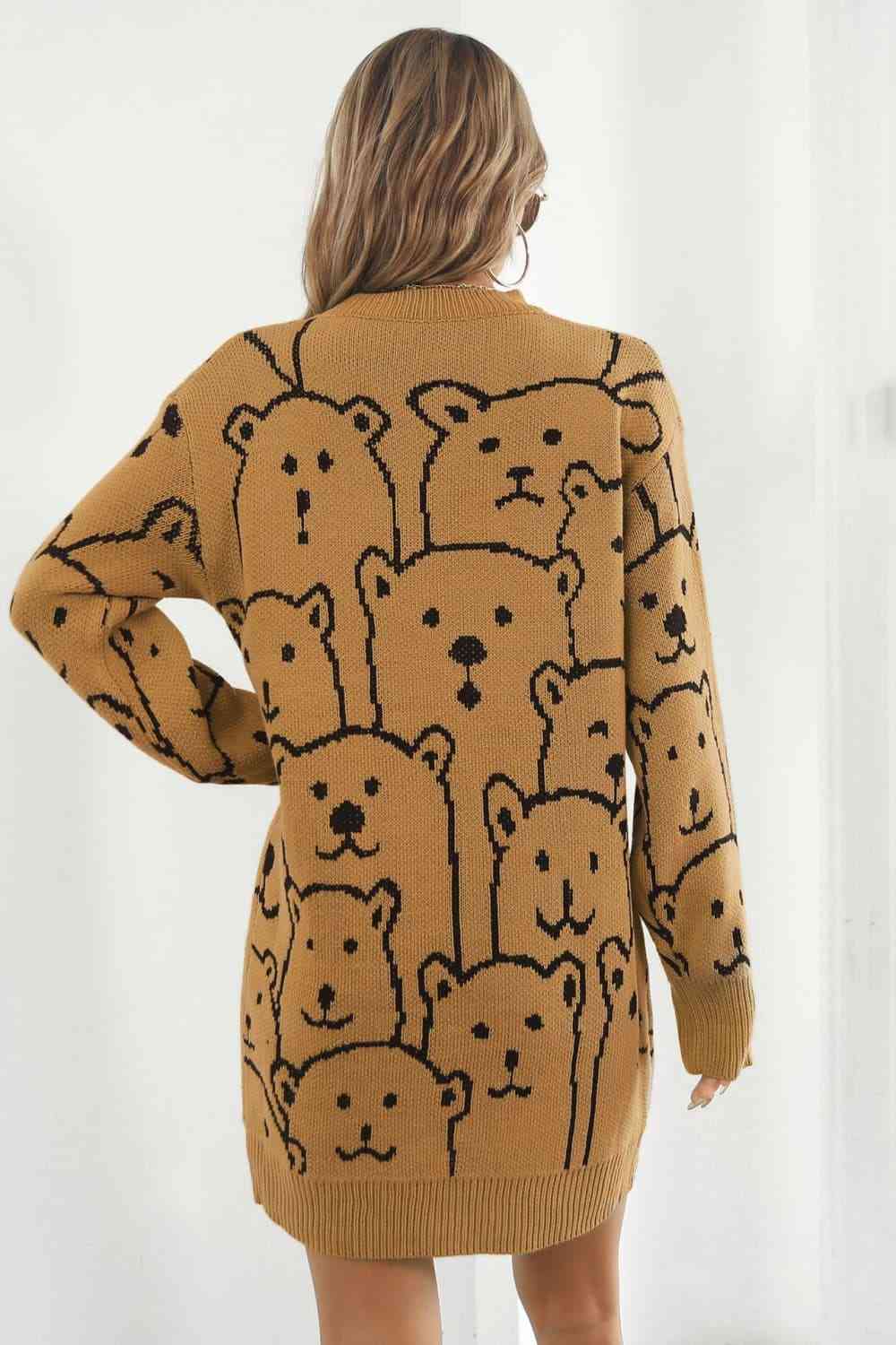 Bear Pattern Round Neck Sweater Dress - Ladyez