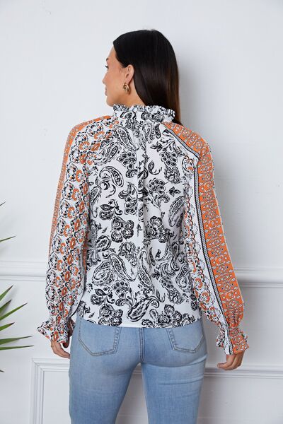 Tassel Tie Neck Printed Smocked Long Sleeve Blouse - Ladyez