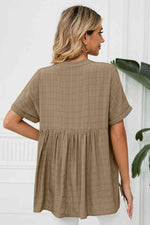 Side Slit Notched Neck Cuffed Short Sleeve Blouse - Ladyez