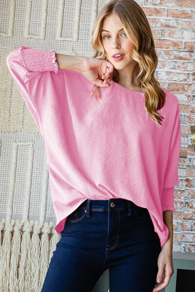 Reborn J Texture Round Neck Smocked Half Sleeve Top - Ladyez