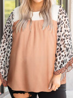 Plus Size Leopard Ruffle Trim Long Sleeve Blouse - Ladyez