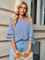 Asymmetrical Neck Sheer Striped Flare Sleeve Blouse - Ladyez