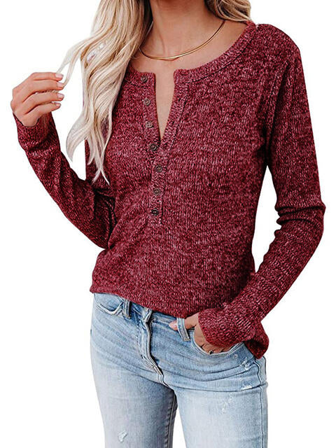 Round Neck Buttoned Long Sleeve T-Shirt - Ladyez