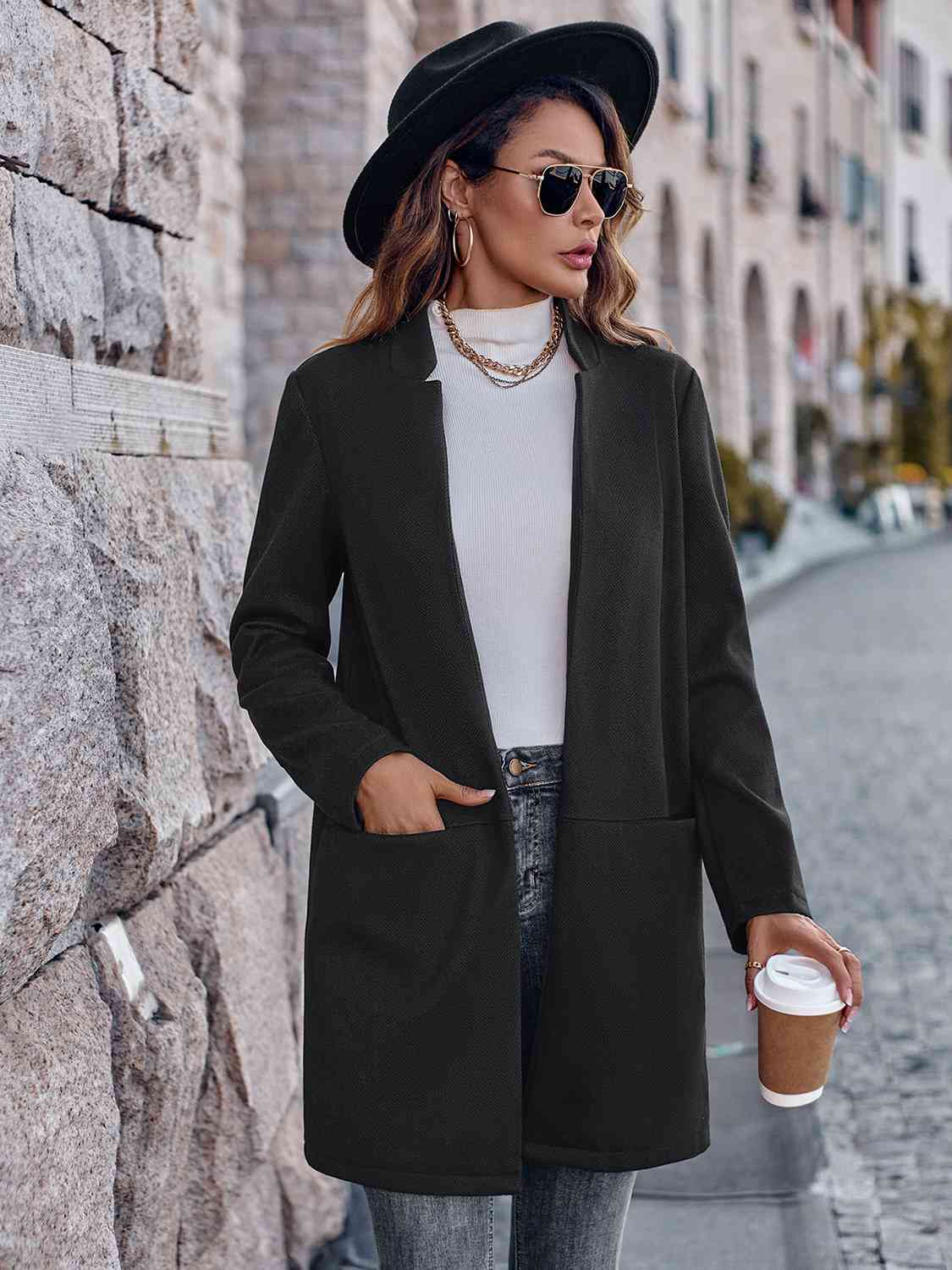 Open Front Long Sleeve Blazer - Ladyez