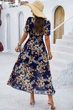Smocked Floral V-Neck Short Sleeve Dress - Ladyez