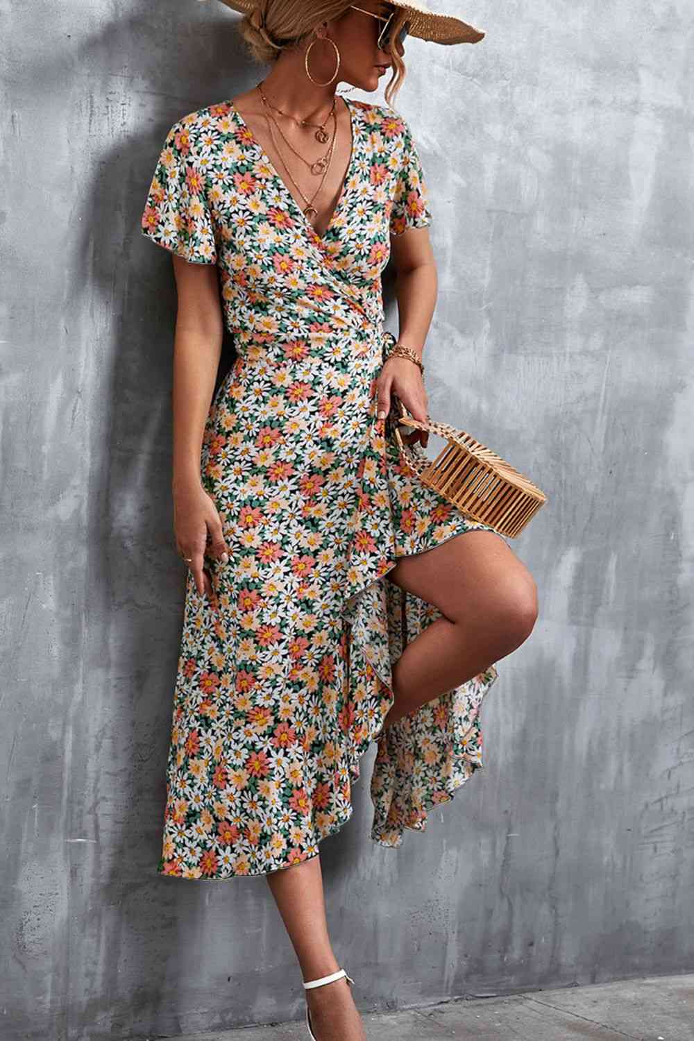 Floral Surplice Neck Tied Midi Dress - Ladyez