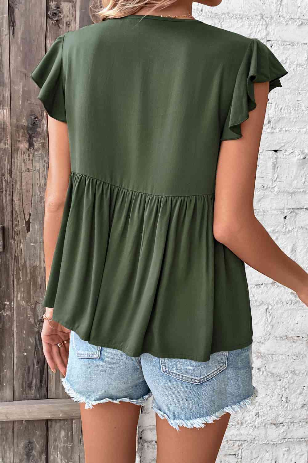 Buttoned Tie Neck Flutter Sleeve Babydoll Top - Ladyez