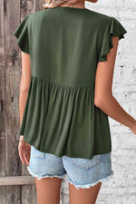 Buttoned Tie Neck Flutter Sleeve Babydoll Top - Ladyez
