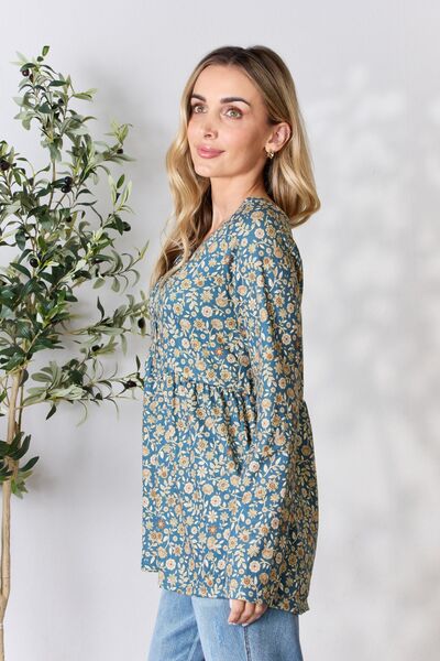 Heimish Full Size Floral Half Button Long Sleeve Blouse - Ladyez
