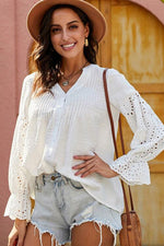 Crochet Flounce Sleeve Button Up Blouse - Ladyez