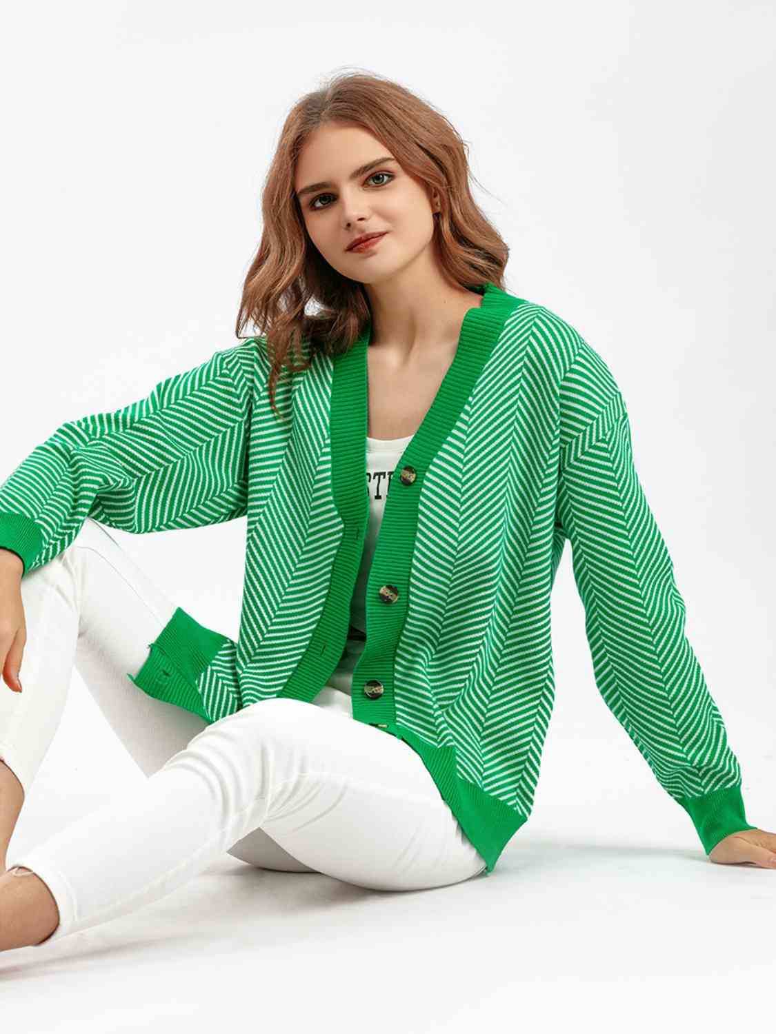 Button Down V-Neck Cardigan - Ladyez