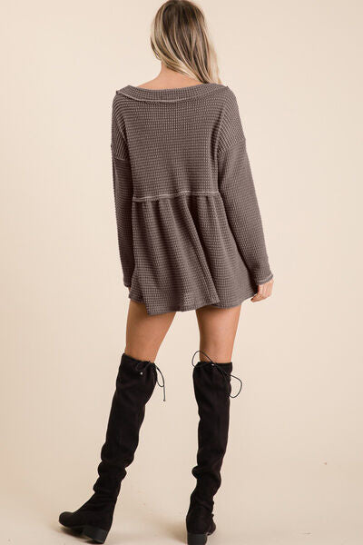 BiBi Waffle Knit V-Neck Babydoll Blouse - Ladyez