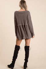 BiBi Waffle Knit V-Neck Babydoll Blouse - Ladyez