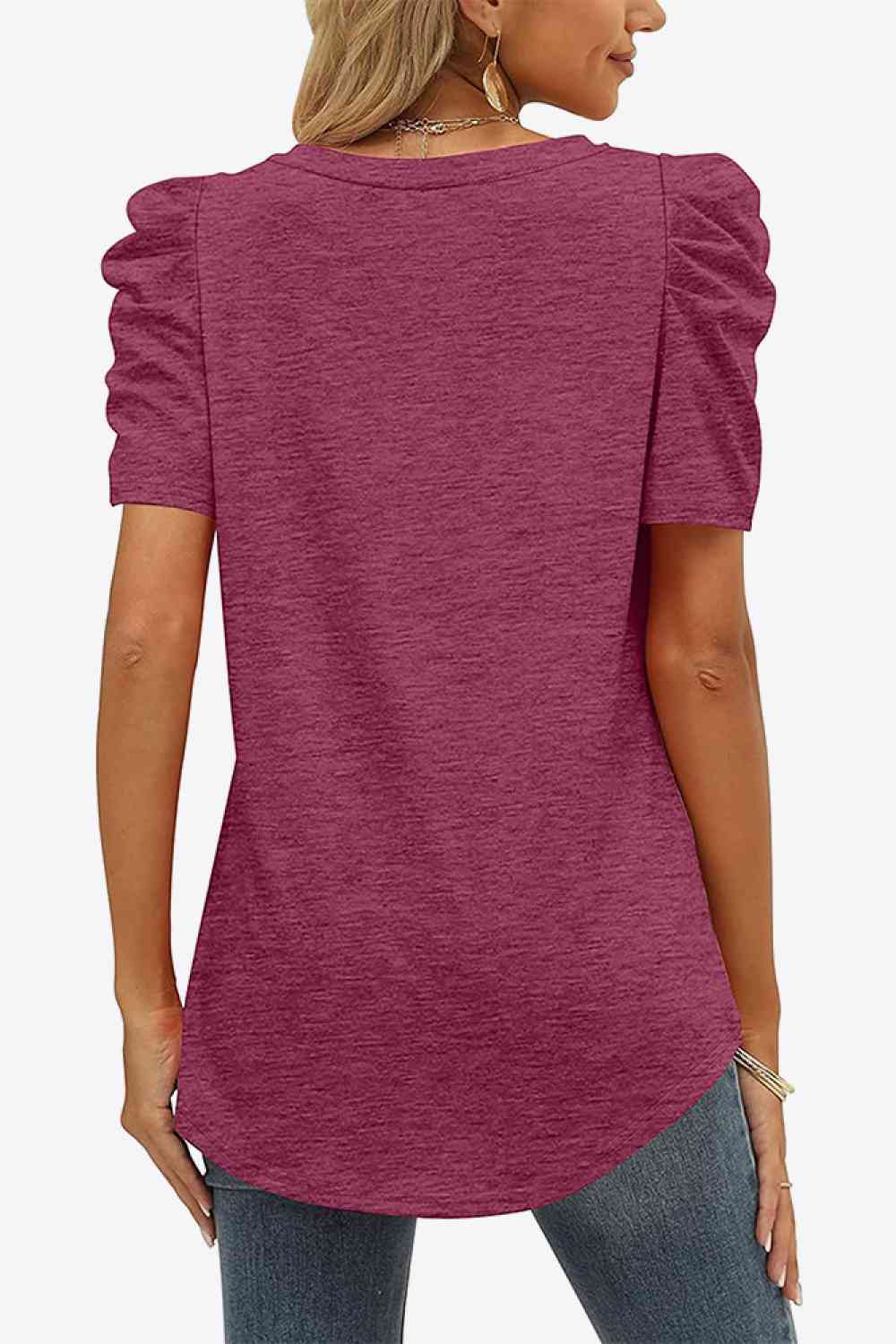 V-Neck Puff Sleeve Tee - Ladyez