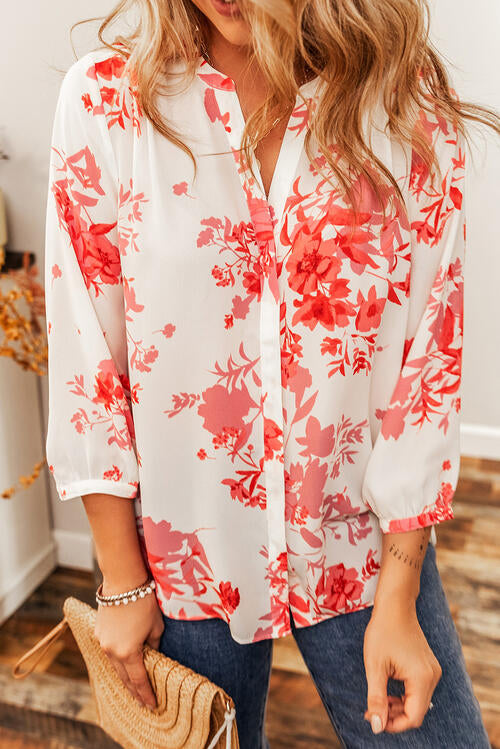Floral Notched Long Sleeve Blouse - Ladyez