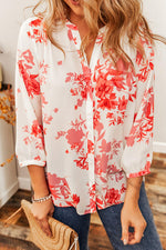 Floral Notched Long Sleeve Blouse - Ladyez