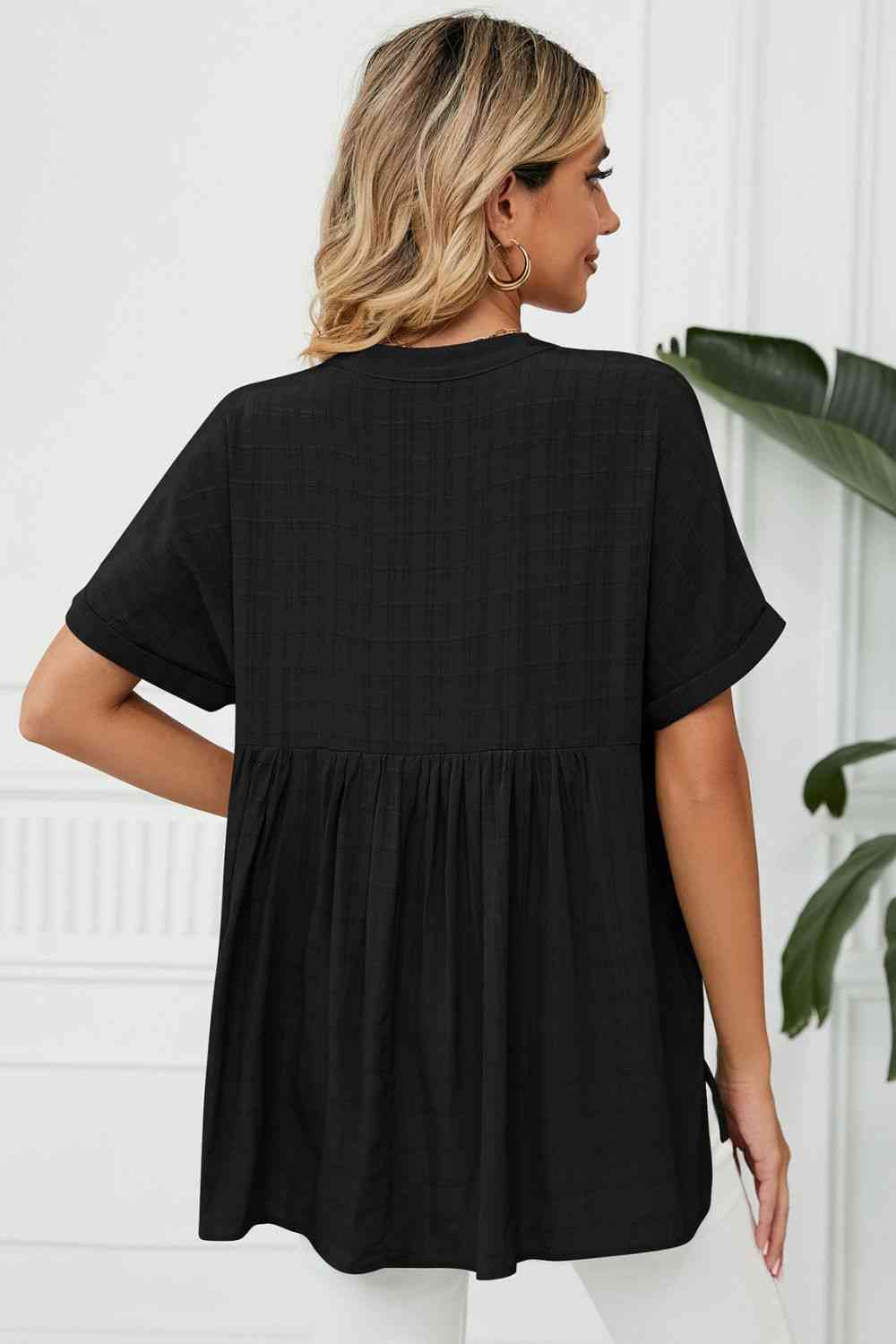 Side Slit Notched Neck Cuffed Short Sleeve Blouse - Ladyez