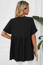 Side Slit Notched Neck Cuffed Short Sleeve Blouse - Ladyez