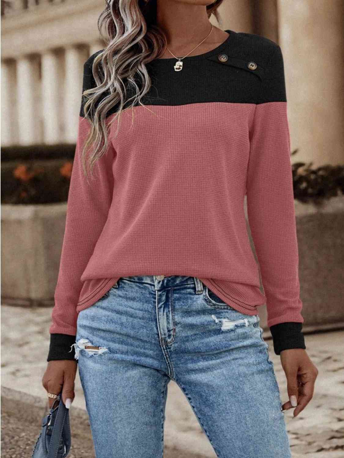 Contrast Buttoned Round Neck Long Sleeve T-Shirt - Ladyez