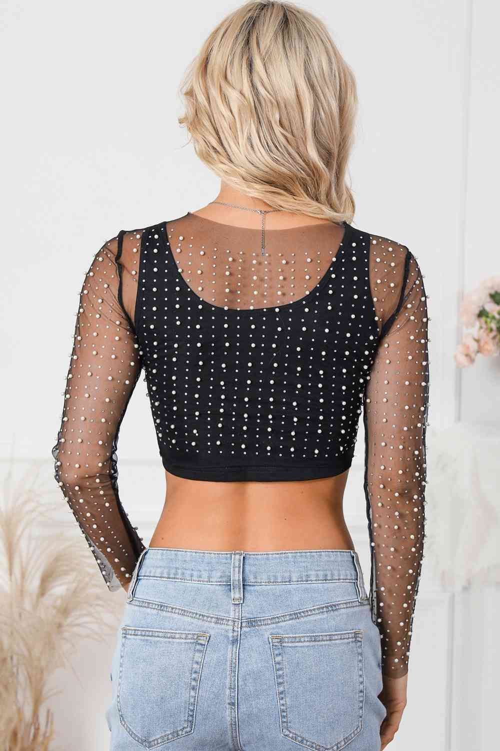 Pearl Long Sleeve Mesh Cropped Top - Ladyez
