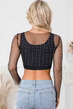 Pearl Long Sleeve Mesh Cropped Top - Ladyez