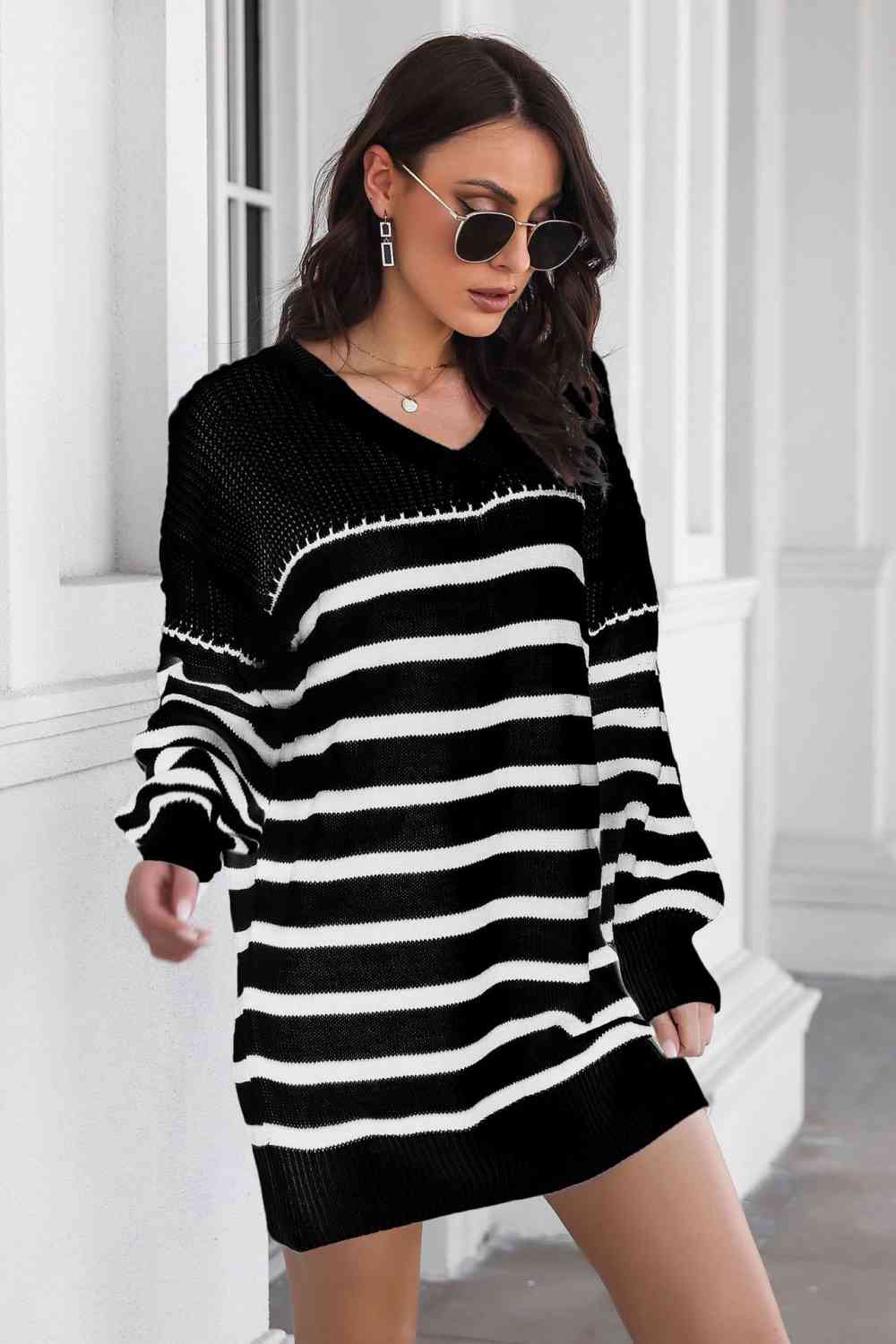 Striped V-Neck Drop Shulder Sweater Dress - Ladyez