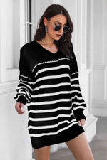 Striped V-Neck Drop Shulder Sweater Dress - Ladyez