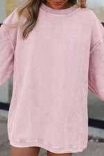 Ribbed Round Neck Drop Shoulder Sweatshirt - Ladyez