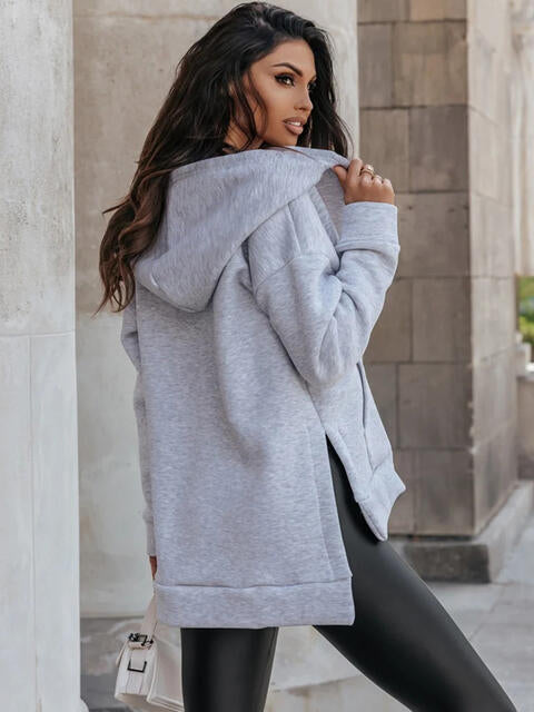 Zip-Up Slit Hoodie with Pockets - Ladyez