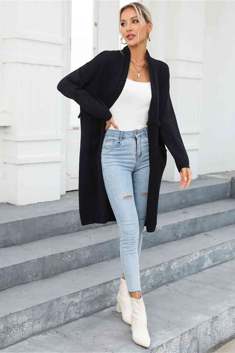 Open Front Pocketed Cardigan - Ladyez