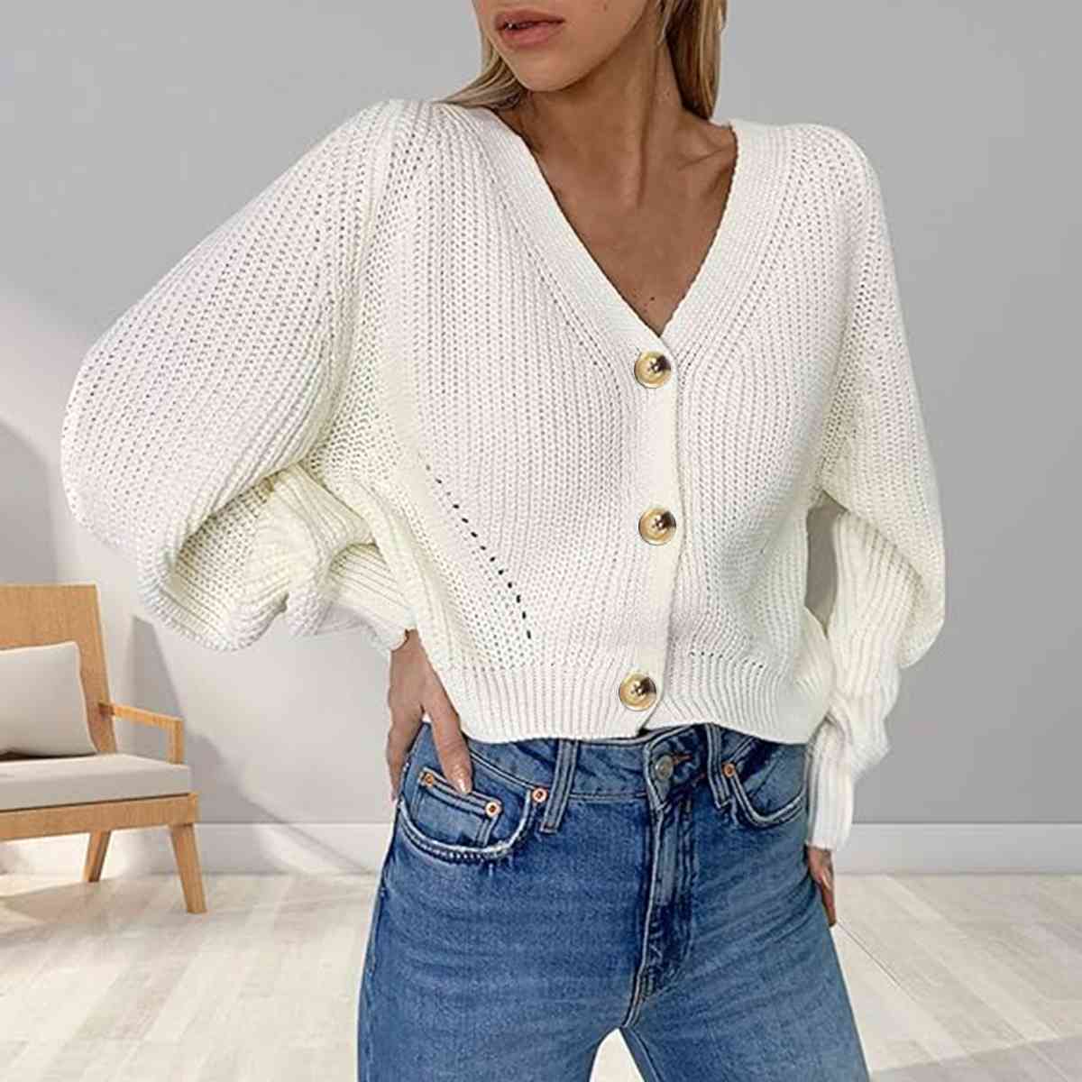 Button Up V-Neck Long Sleeve Cardigan - Ladyez