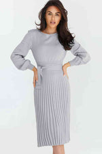 Round Neck Long Sleeve Pleated Sweater Dress - Ladyez