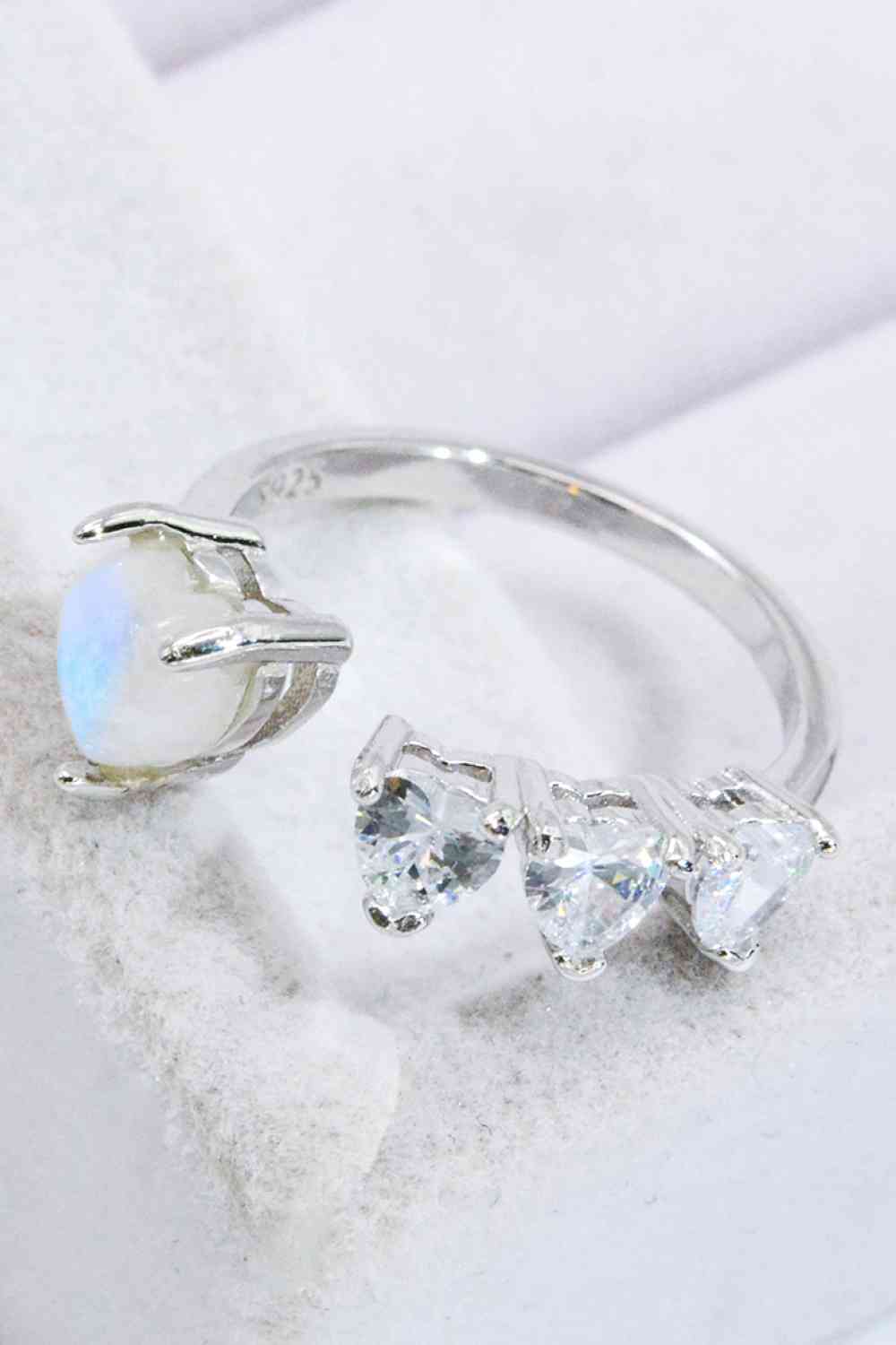 Natural Moonstone and Zircon Heart Open Ring - Ladyez