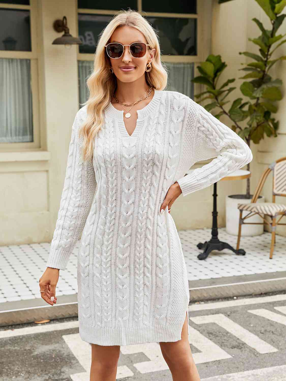 Notched Neck Cable-Knit Slit Sweater Dress - Ladyez