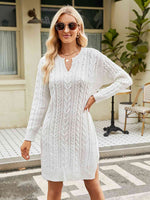 Notched Neck Cable-Knit Slit Sweater Dress - Ladyez