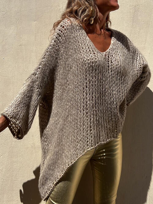 Contrast V-Neck Long Sleeve Sweater - Ladyez