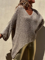 Contrast V-Neck Long Sleeve Sweater - Ladyez