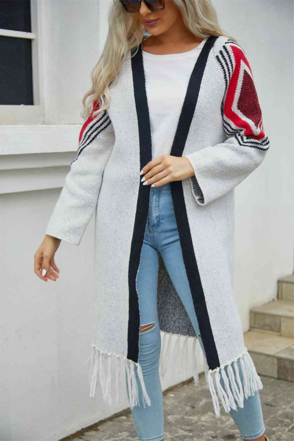 Double Take Geometric Fringe Hem Open Front Duster Cardigan - Ladyez