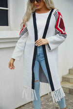 Double Take Geometric Fringe Hem Open Front Duster Cardigan - Ladyez