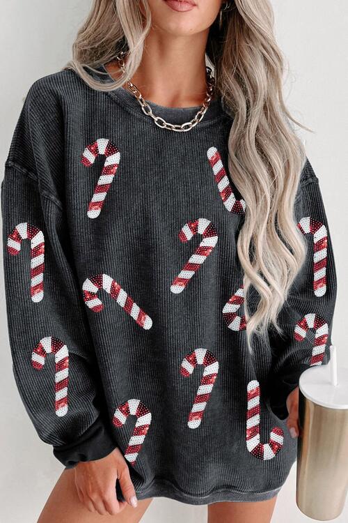 Sequin Candy Cane Round Neck Sweatshirt - Ladyez
