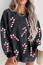 Sequin Candy Cane Round Neck Sweatshirt - Ladyez