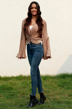 Twisted Smocked Flare Sleeve Cropped Top - Ladyez