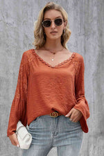 V-Neck Spliced Lace Flare Sleeve Top - Ladyez