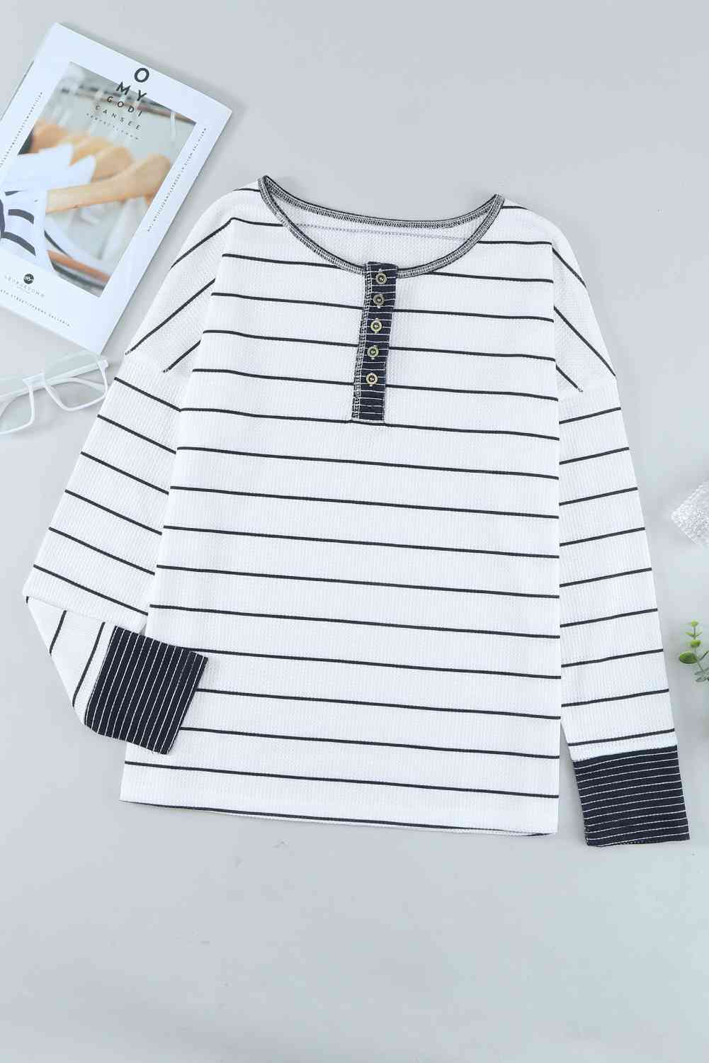 Striped Waffle Knit Henley Long Sleeve Top - Ladyez