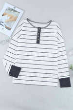 Striped Waffle Knit Henley Long Sleeve Top - Ladyez
